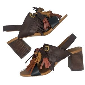 See by Chloé Fringe Block Heel Sandals - Brown and Tan Sz 40